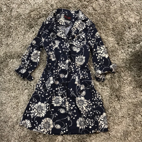 Dresses & Skirts - Navy blue floral trench coat floral shirt dress